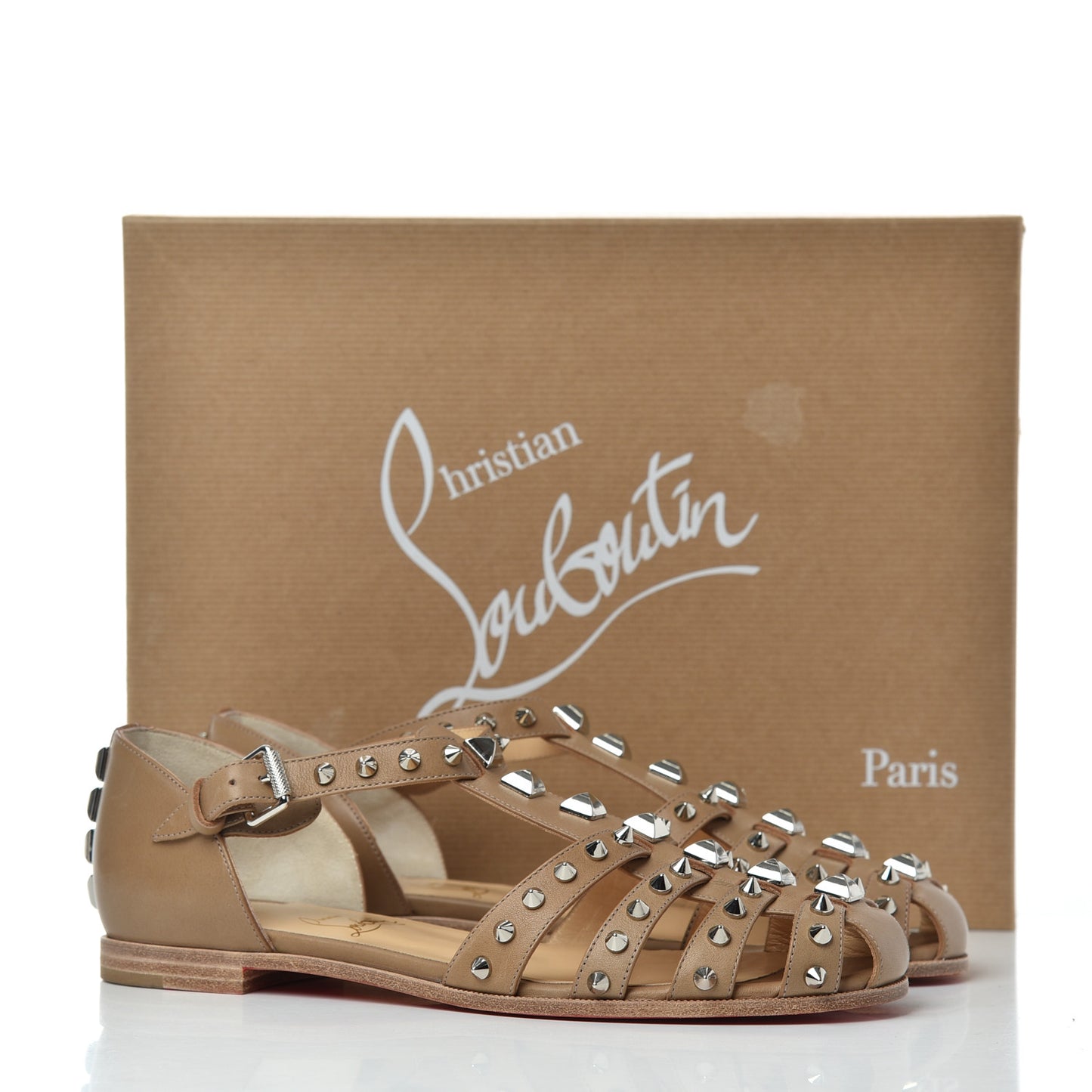 Calfskin Loubiclou Studded Cage Flat Sandals 37.5 Beige
