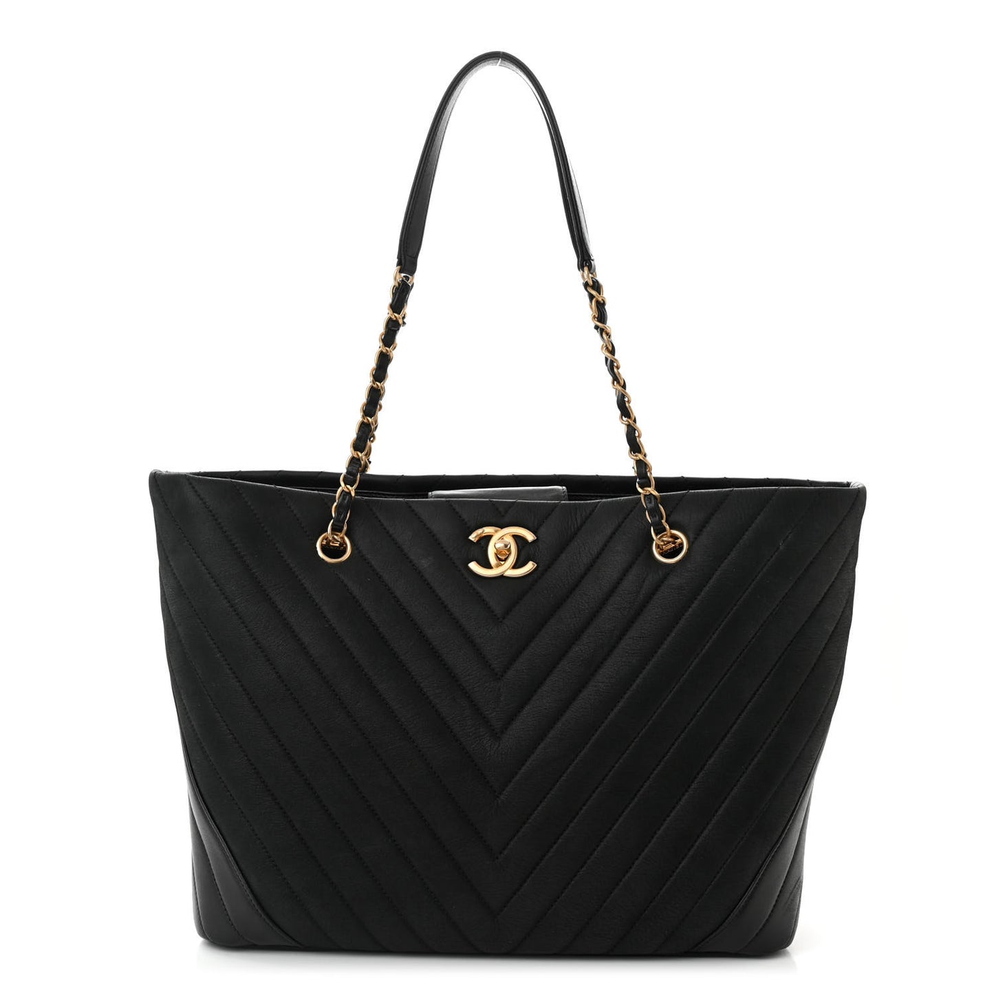 Iridescent Calfskin Lambskin Chevron Quilted Shopping Tote Black