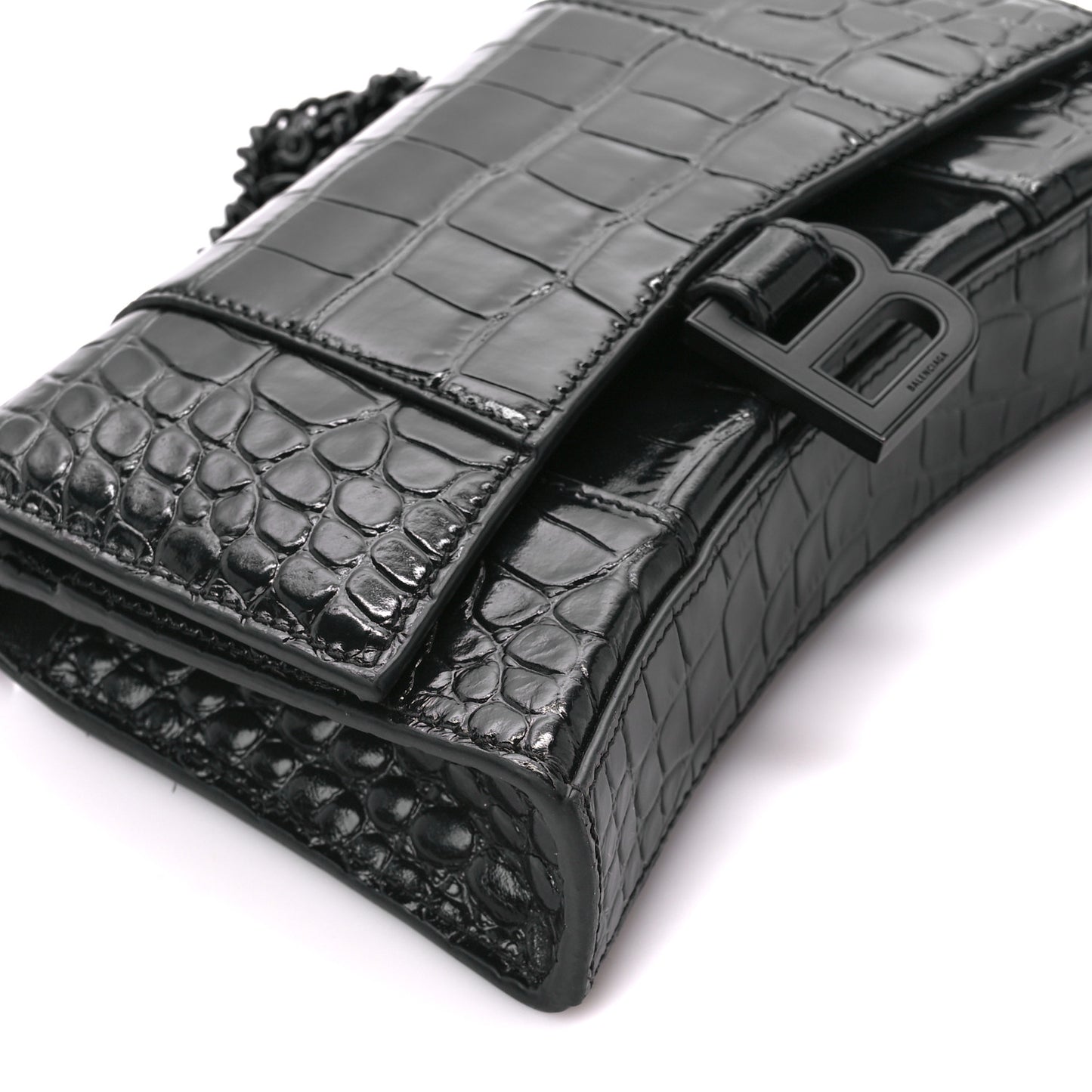 Shiny Calfskin Monochrome Crocodile Embossed Hourglass Chain Bag Black