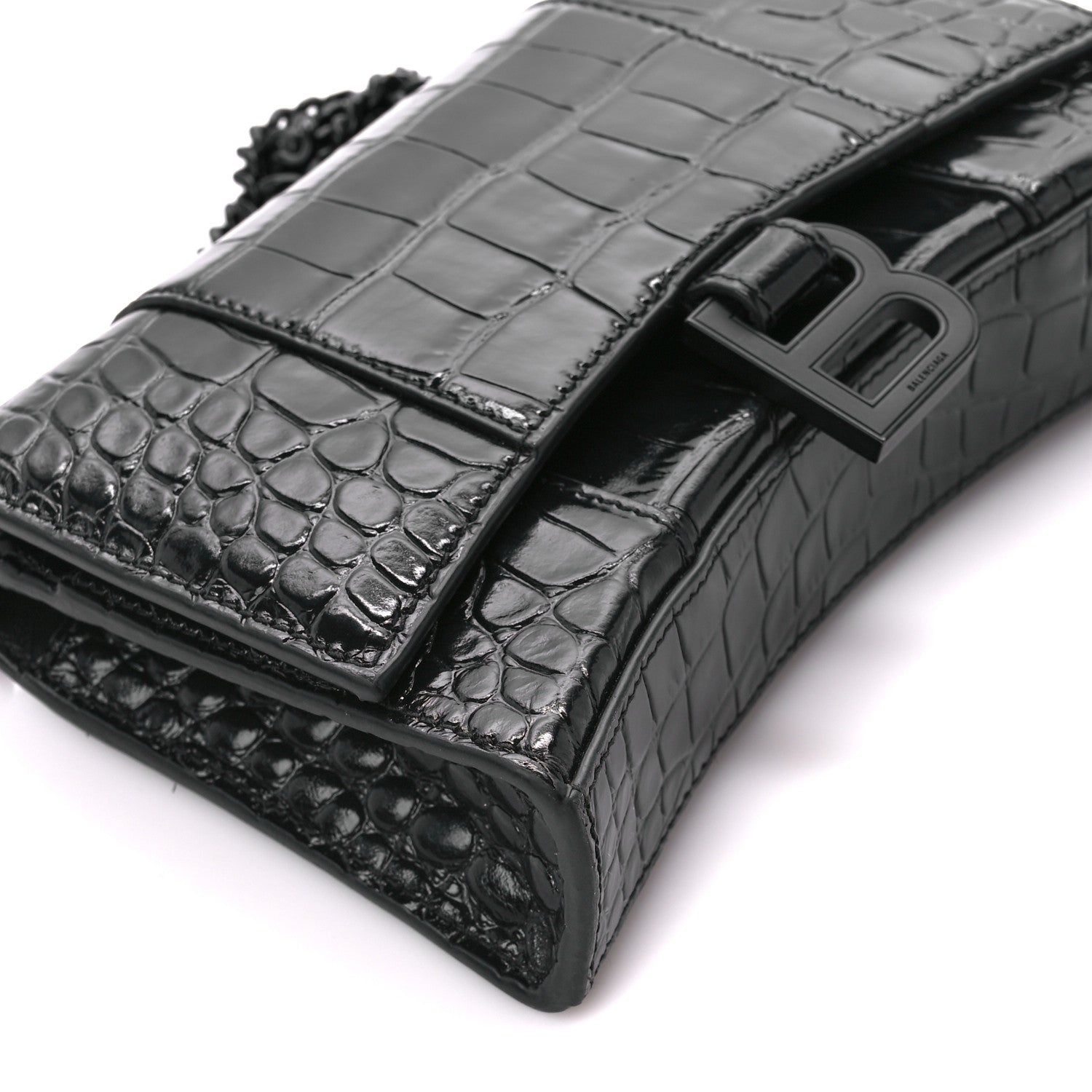Balenciaga Shiny Calfskin Monochrome Crocodile Embossed Hourglass Chain Bag Black 9 of 11