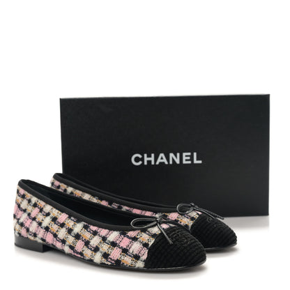 Chanel Wool Cotton Tweed Corduroy Cap Toe Ballerina Flats 38 Black Multicolor 9 of 9