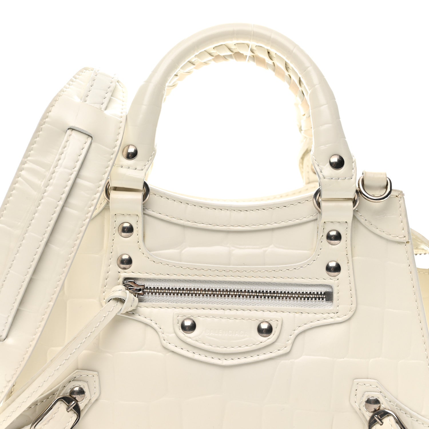 Balenciaga Semi Shiny Calfskin Crocodile Embossed Neo Classic Silver Hardware Mini City White 8 of 14