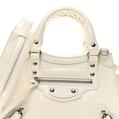 Balenciaga Semi Shiny Calfskin Crocodile Embossed Neo Classic Silver Hardware Mini City White 8 of 14