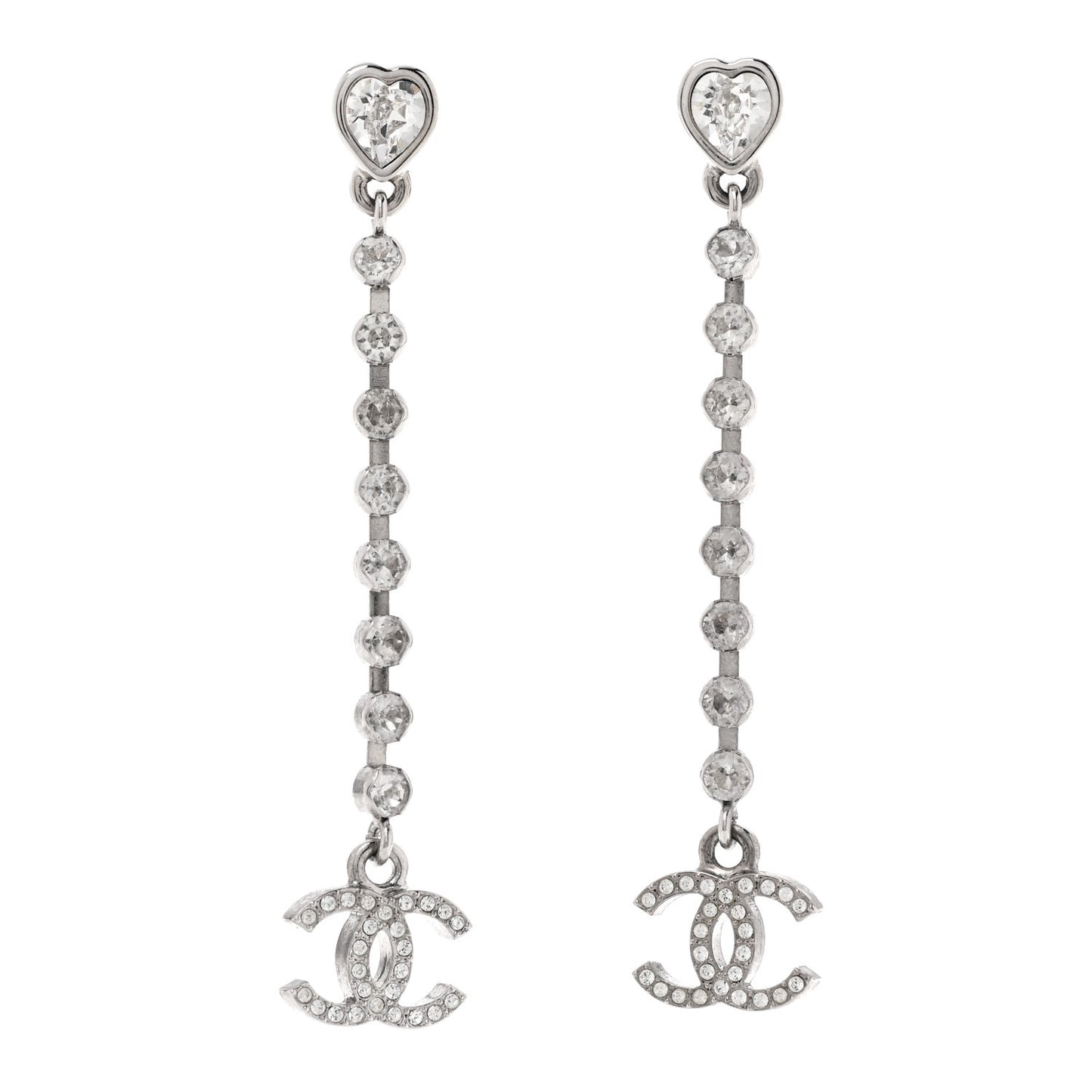 Crystal CC Heart Drop Earrings Silver