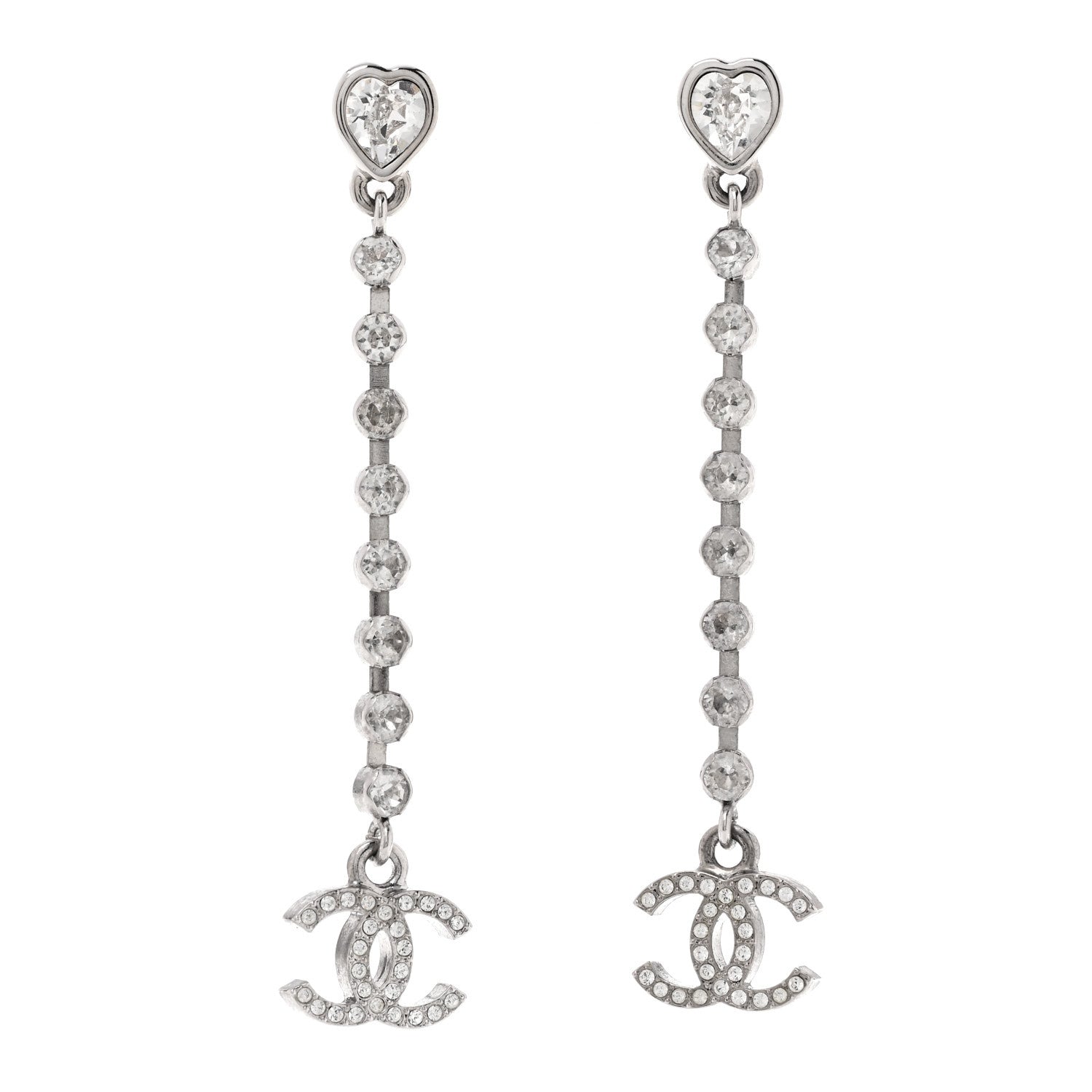 Chanel Crystal CC Heart Drop Earrings Silver 1 of 6
