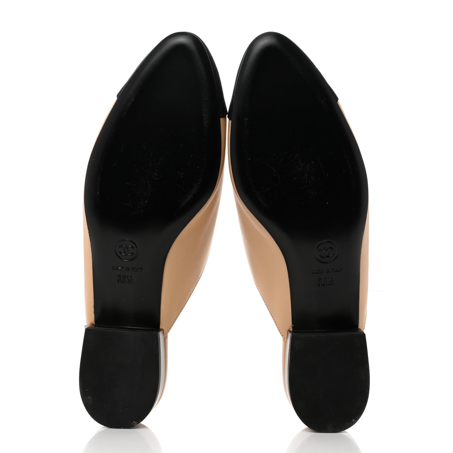 Lambskin Grosgrain Cap Toe CC Mules 38.5 Beige Black