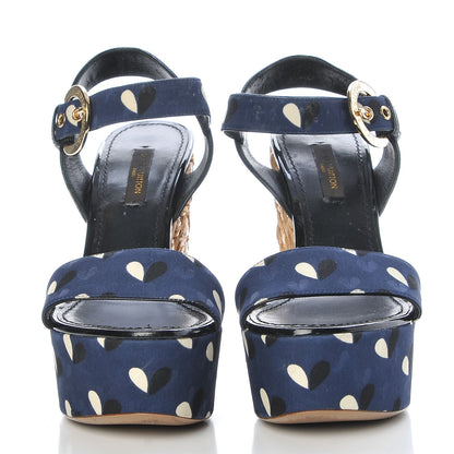 Louis Vuitton Raffia Canvas Hearts Tuileries Wedge Sandals 36 Blue 2 of 20