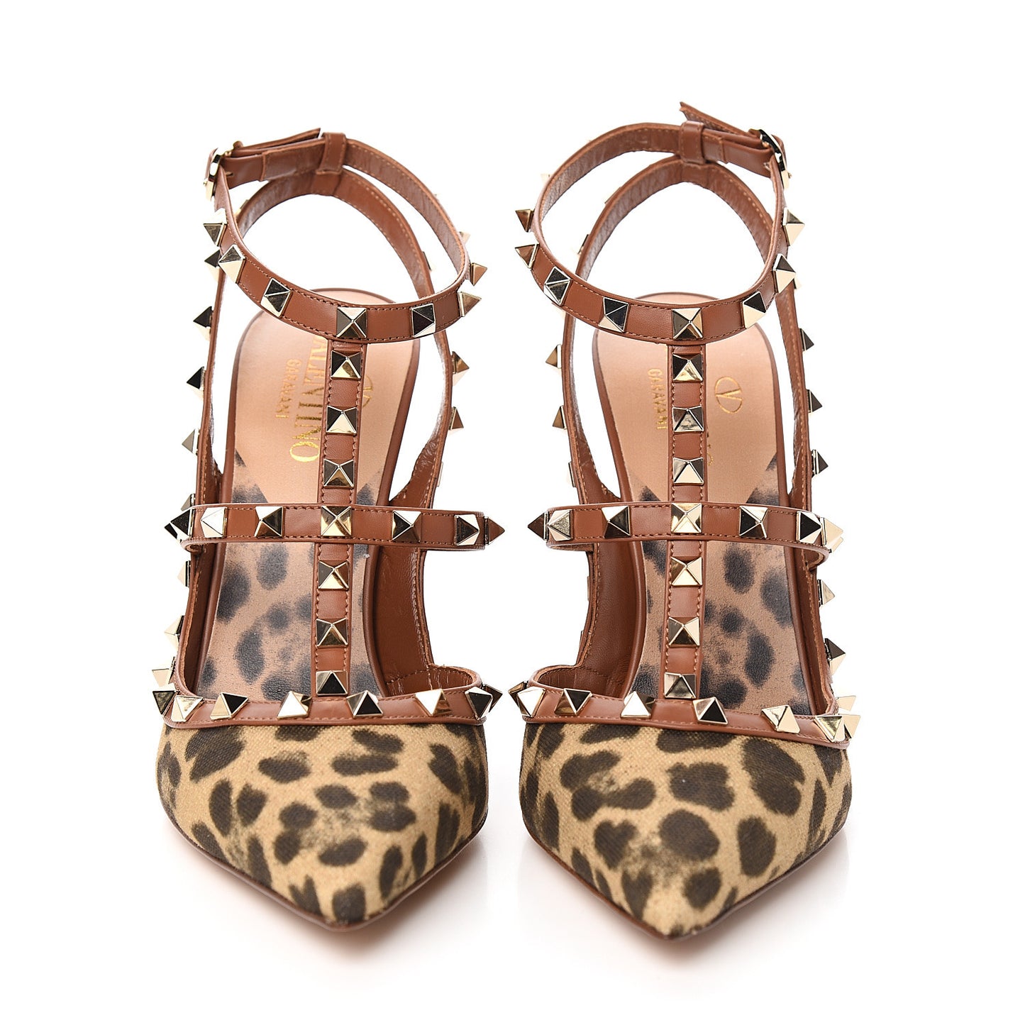 Canvas Leopard Print Rockstud Ankle Strap Pumps 39.5 Tan