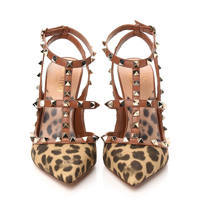 Valentino Garavani Canvas Leopard Print Rockstud Ankle Strap Pumps 39.5 Tan 2 of 9