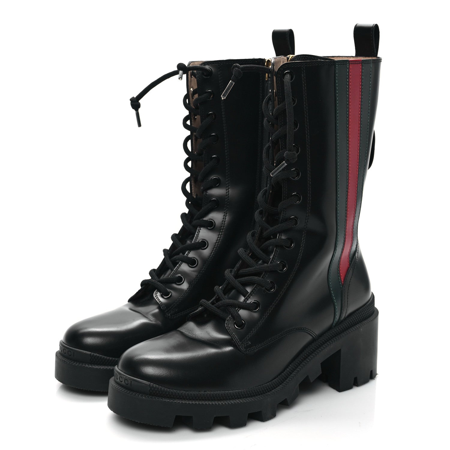Gucci Magnum Calfskin Cirano Lux Web Lace Up Tall Combat Boots 36 Black Verde Hibiscus Red 3 of 11