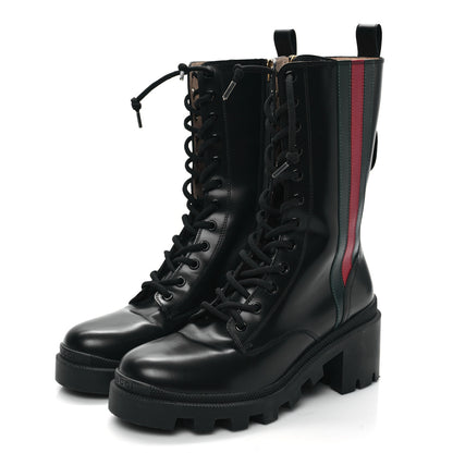 Gucci Magnum Calfskin Cirano Lux Web Lace Up Tall Combat Boots 36 Black Verde Hibiscus Red 3 of 11