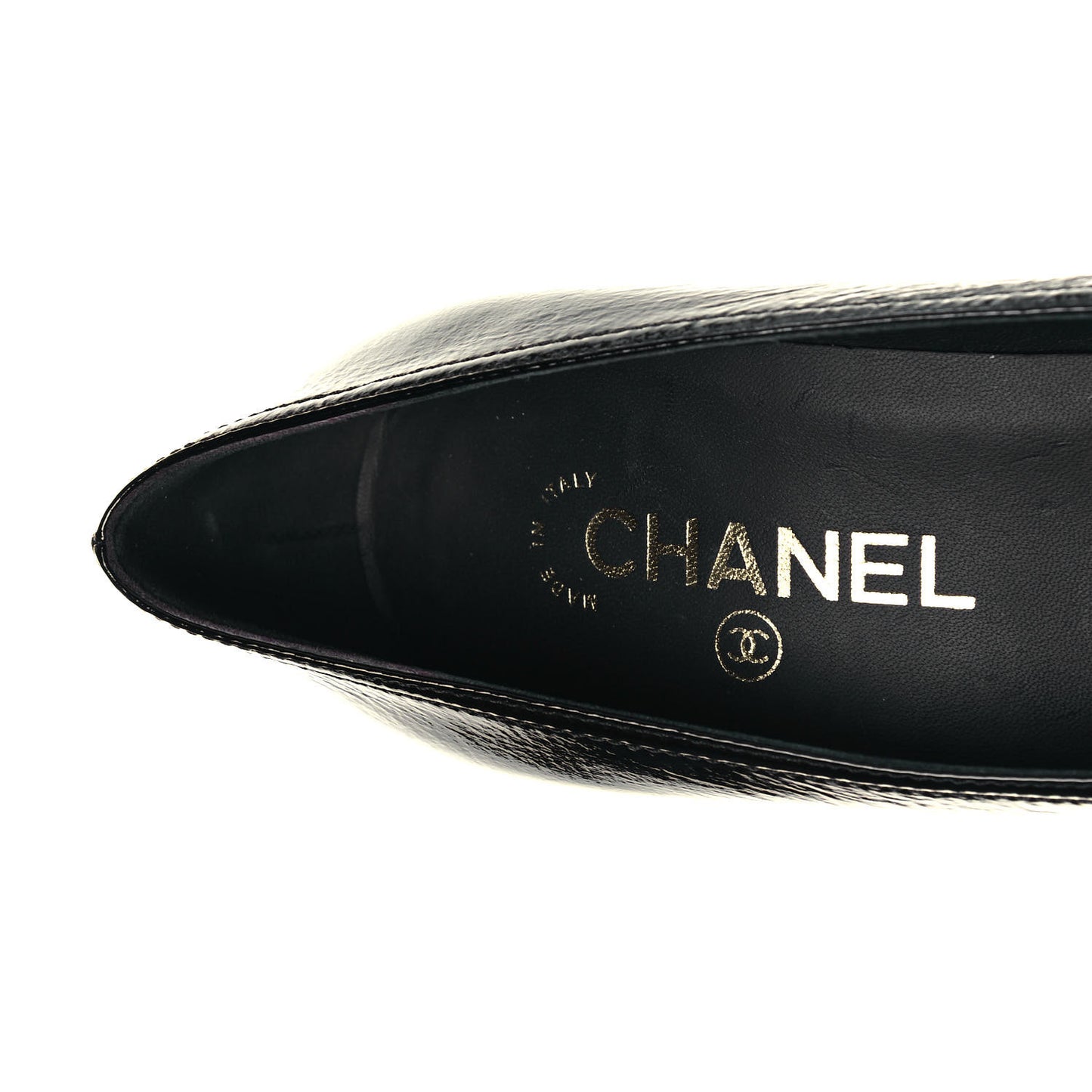 Patent Calfskin Crystal Cap Toe Logo Pumps 38 Black