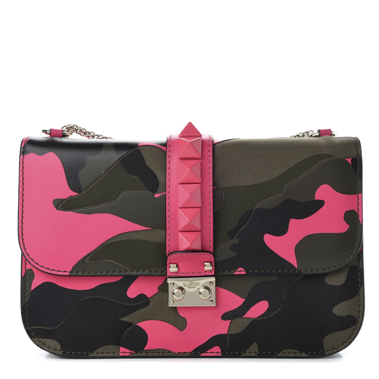 Valentino Garavani Nappa Canvas Camouflage Medium Glam Lock Rockstud Flap Fuxia Fluo 1 of 9