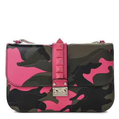 Valentino Garavani Nappa Canvas Camouflage Medium Glam Lock Rockstud Flap Fuxia Fluo 1 of 9