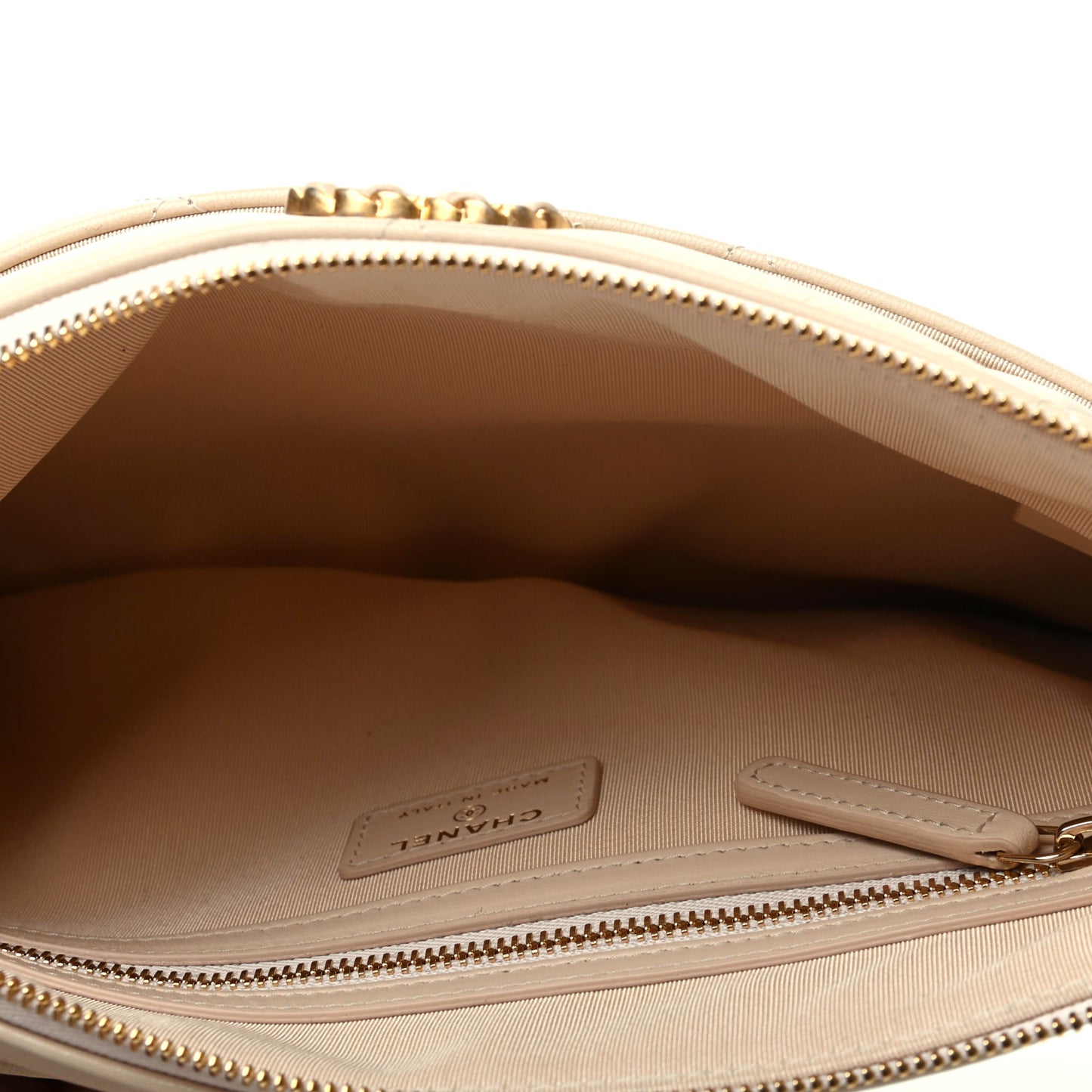 Shiny Goatskin Quilted Chanel 19 Pouch Beige