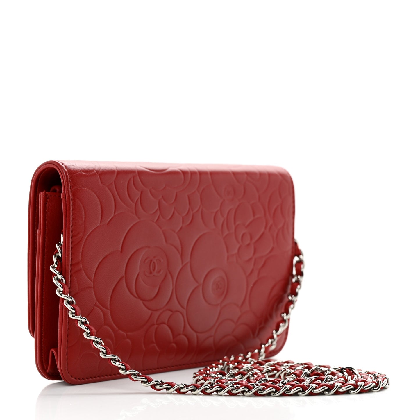Lambskin Camellia Embossed Wallet on Chain WOC Red