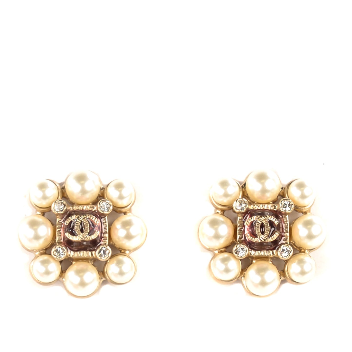 Pearl Crystal Enamel CC Earrings Gold