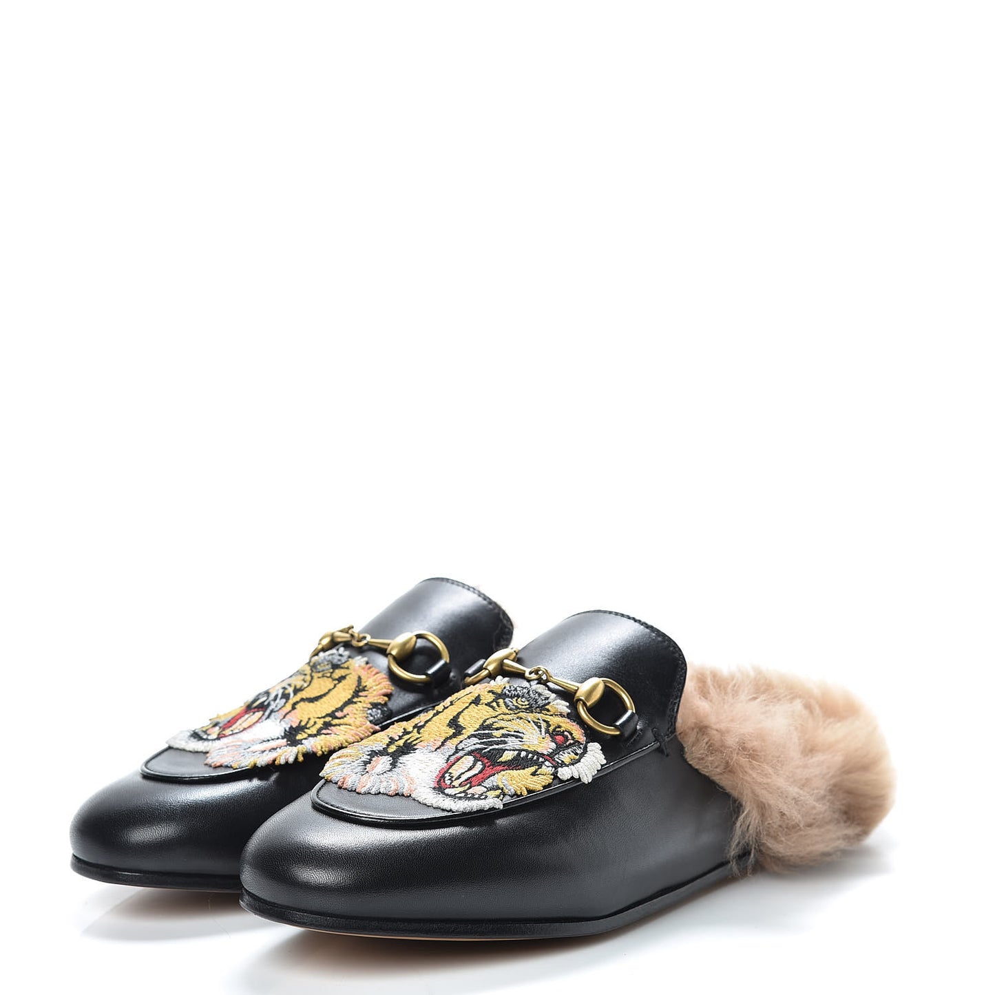 Calfskin Lambswool Tiger Embroidered Womens Princetown Slippers 36.5 Black