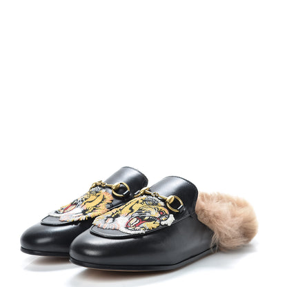 Gucci Calfskin Lambswool Tiger Embroidered Womens Princetown Slippers 36.5 Black 3 of 8