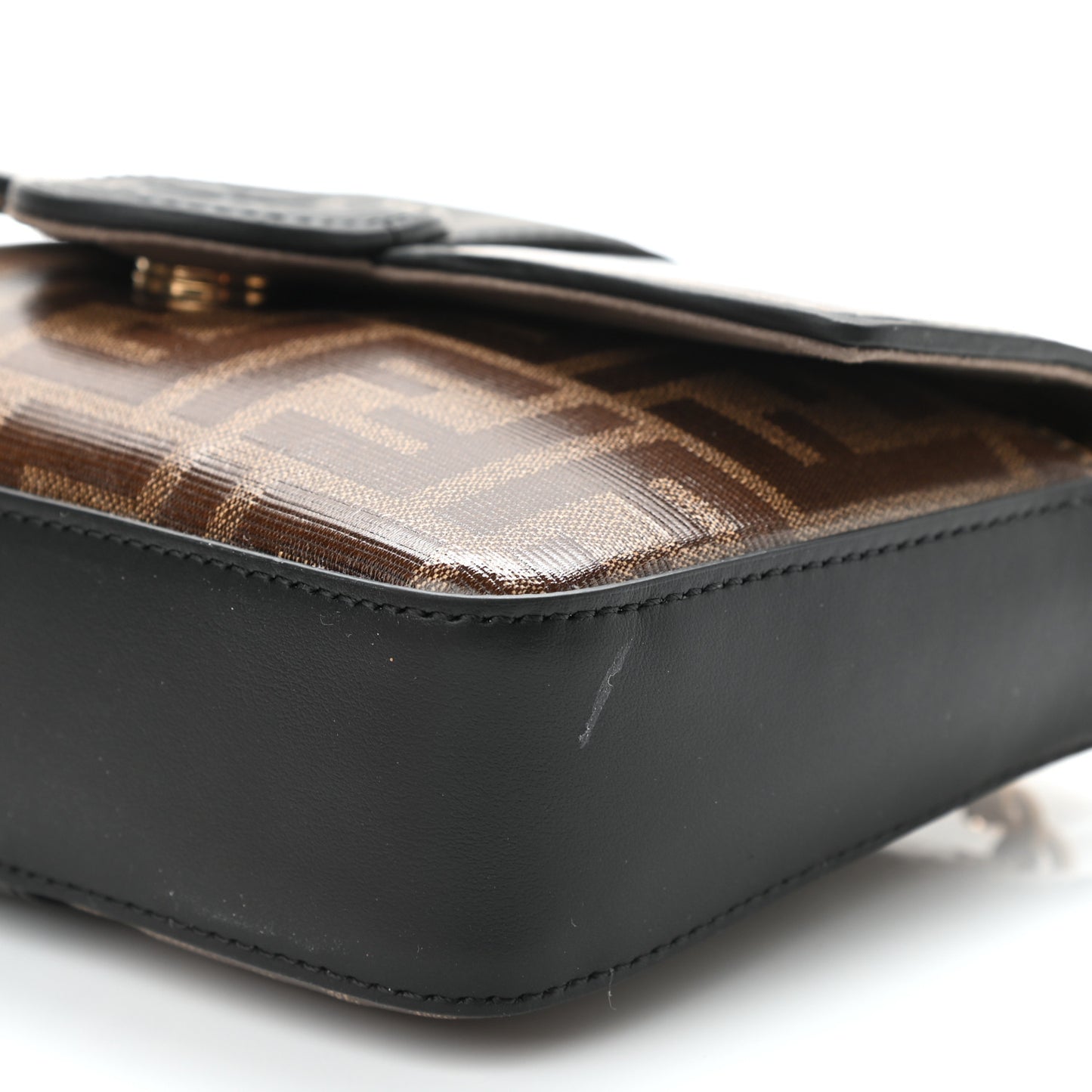 Glazed Fabric Vitello Century FF 1974 Stamp Patch Mini Double F Crossbody Bag Mogano Panna Black