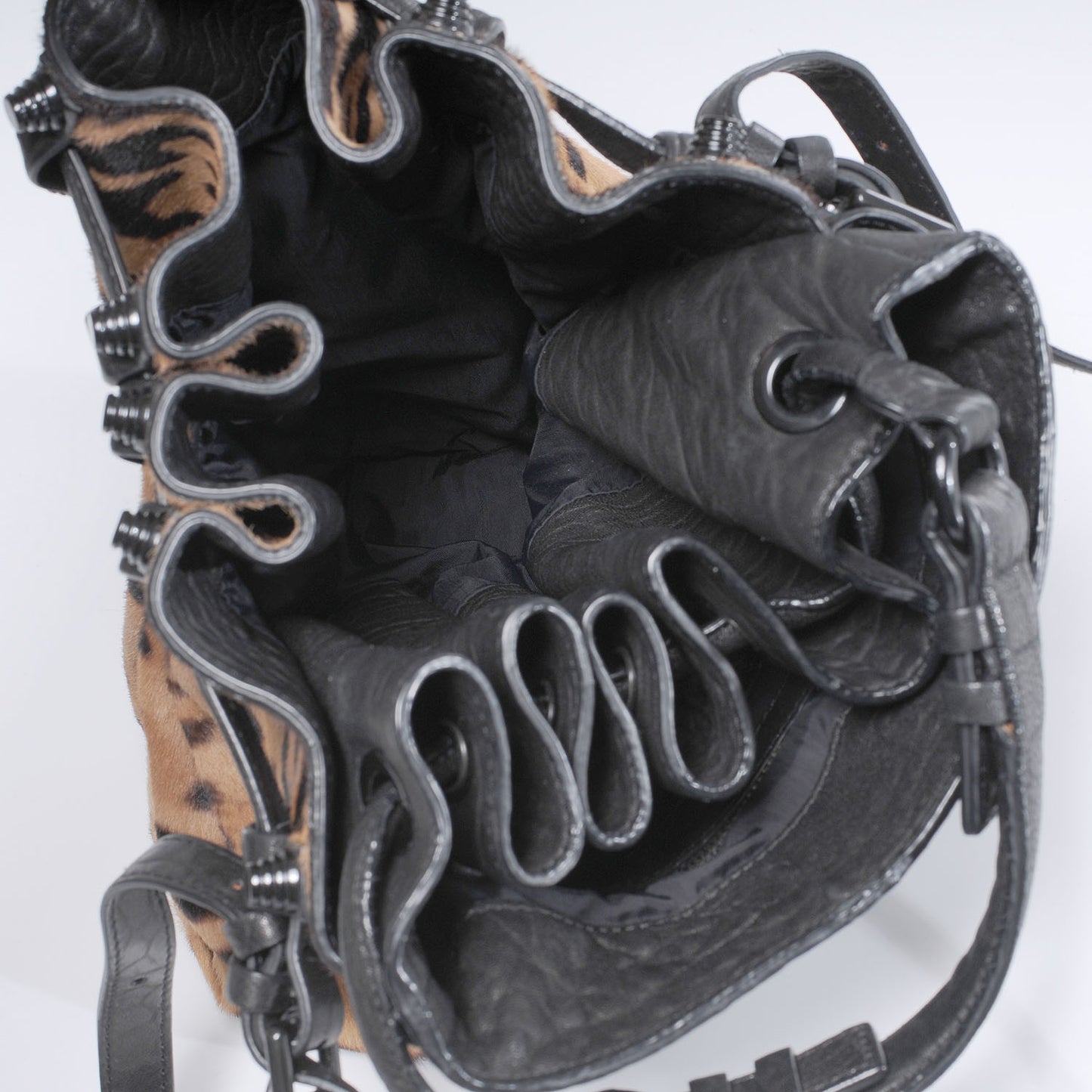 Leather Pony Hair Leopard Diego Bag Black
