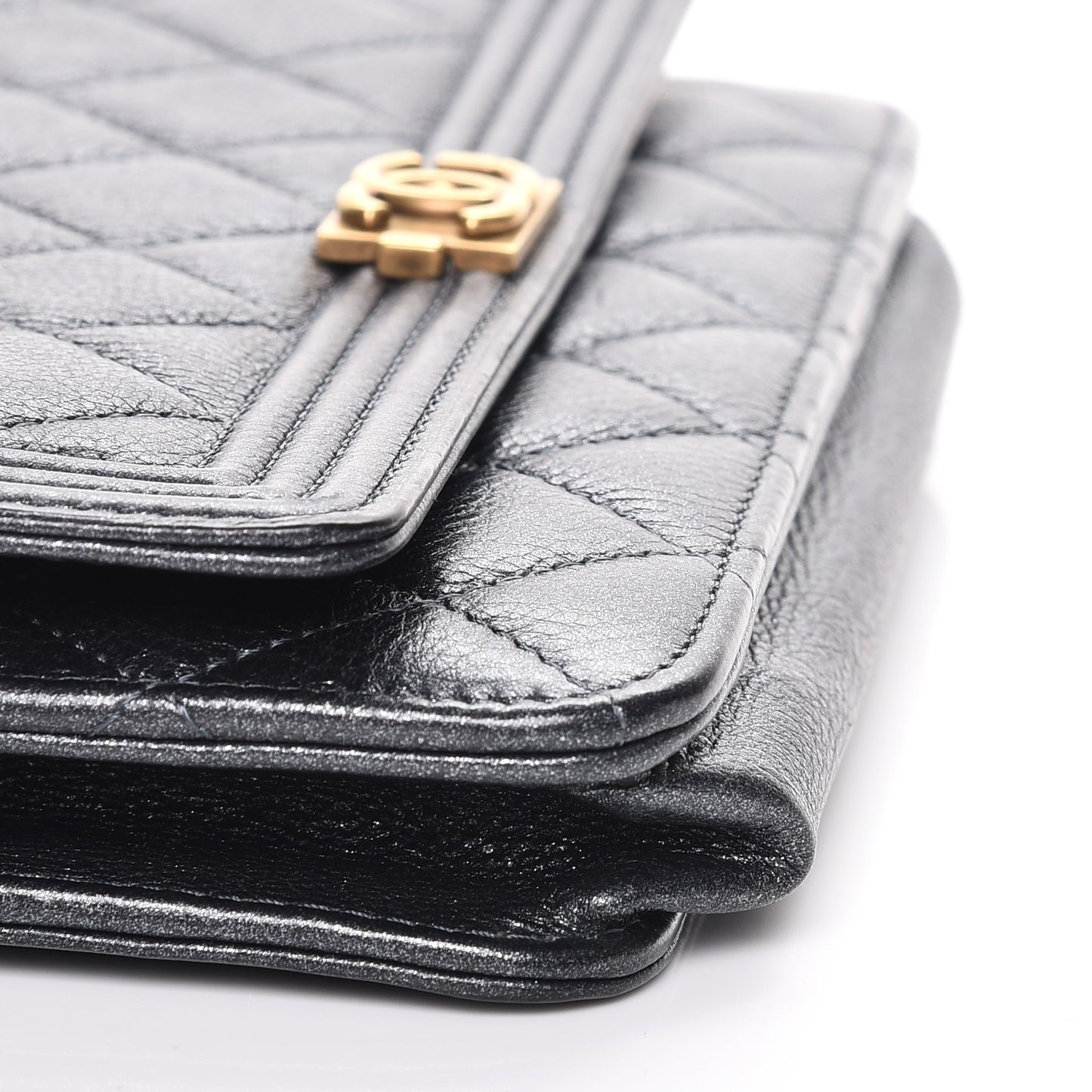 Metallic Calfskin Quilted Boy Wallet On Chain WOC Charcoal