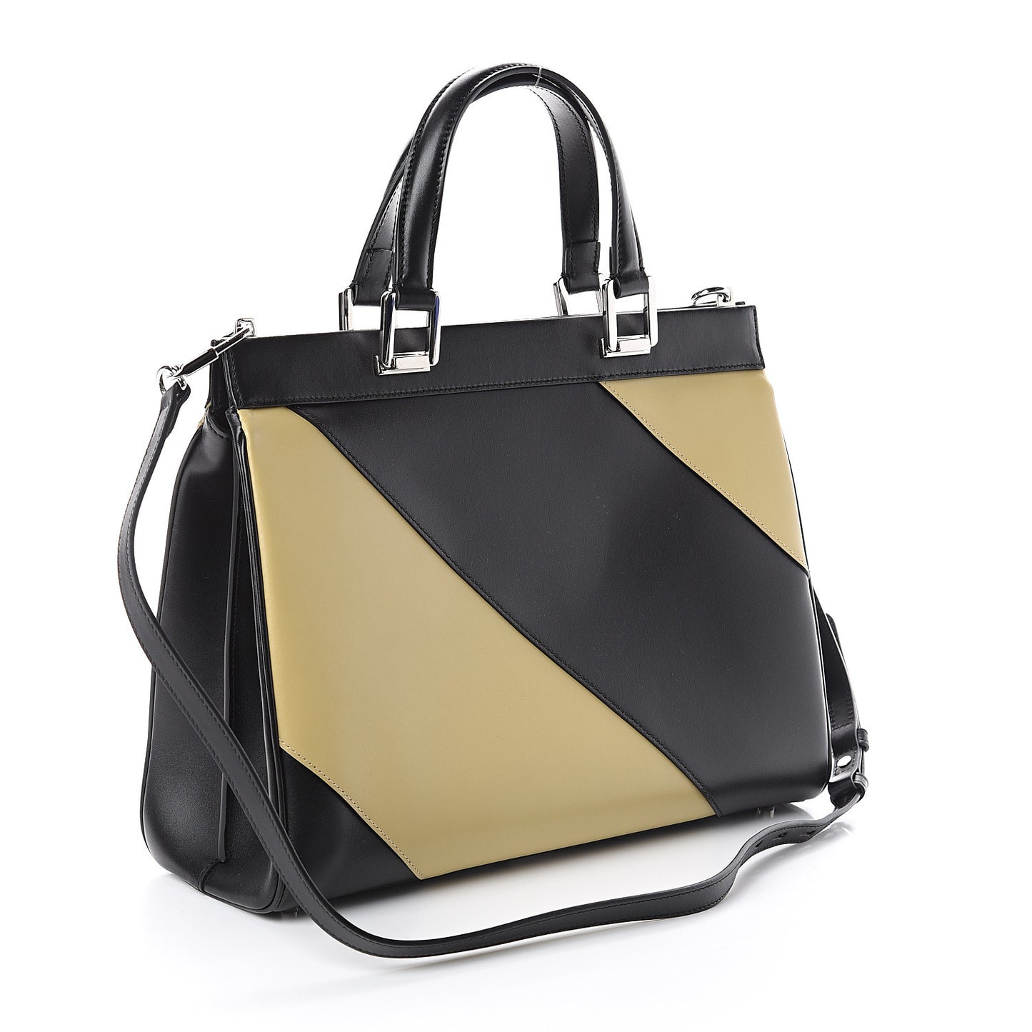 Smooth Calfskin Diagonal Striped Medium Zumi Top Handle Bag Black Beige