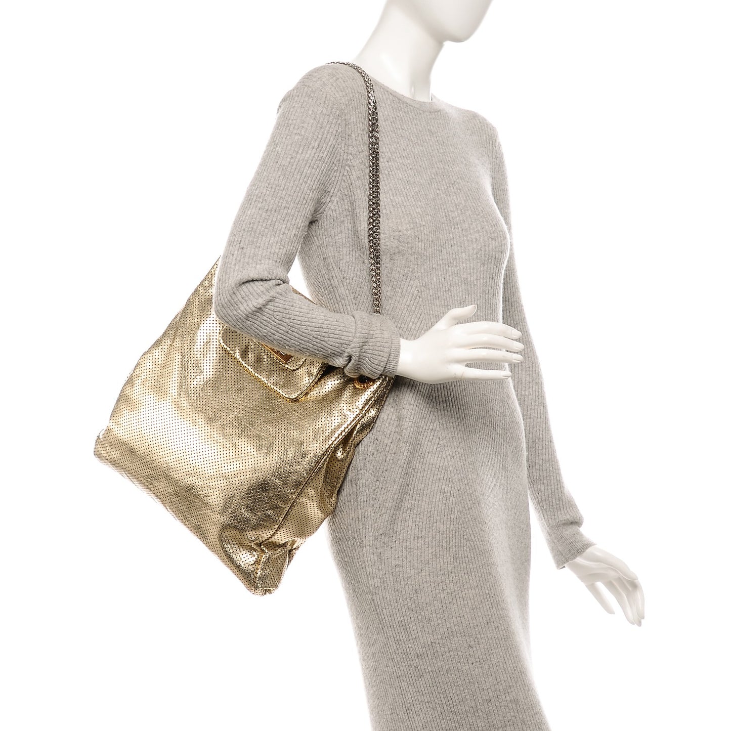 Metallic Crackled Calfskin Perforated Drill Shoulder Bag Gold