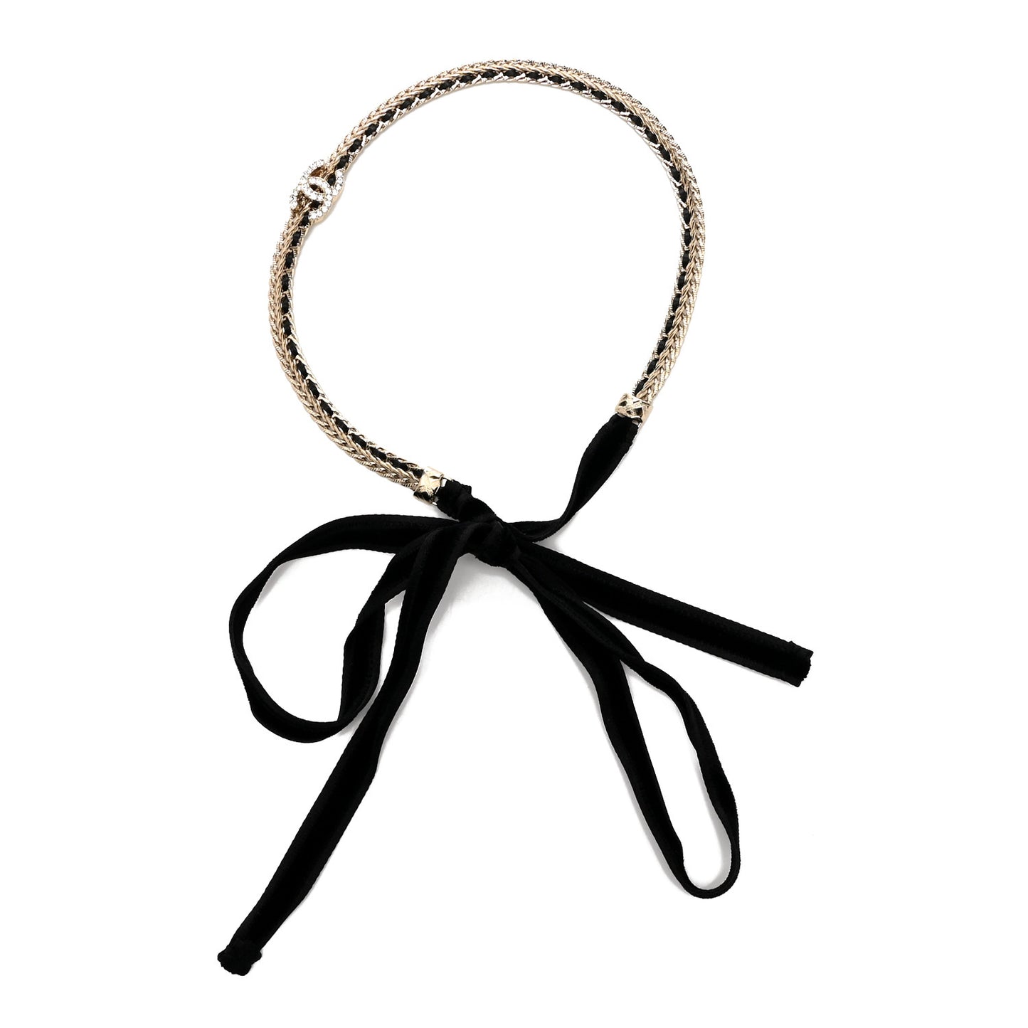Metal Lambskin Crystal CC Chain Tie Headband Gold Black