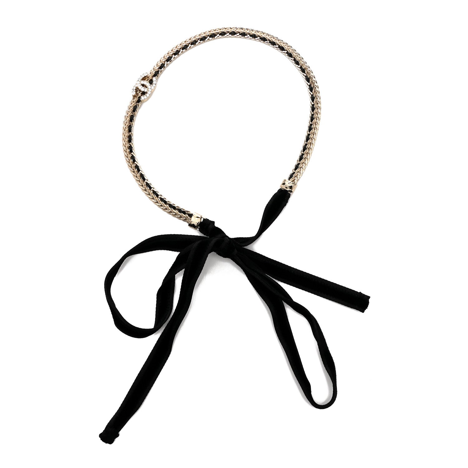 Chanel Metal Lambskin Crystal CC Chain Tie Headband Gold Black 1 of 4