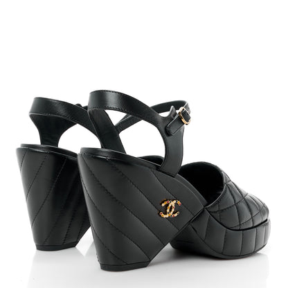 Chanel Lambskin Quilted Peep Toe Wedge Sandals 38.5 Black 4 of 10