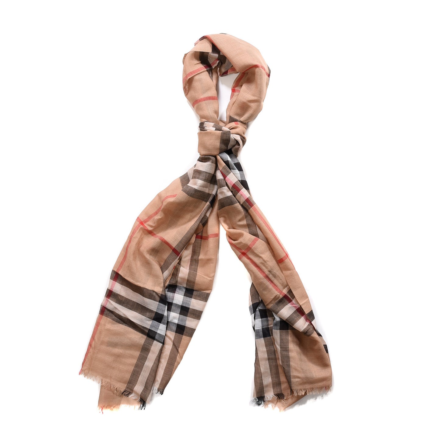 Wool Silk Gauze Giant Check Lightweight Scarf Camel