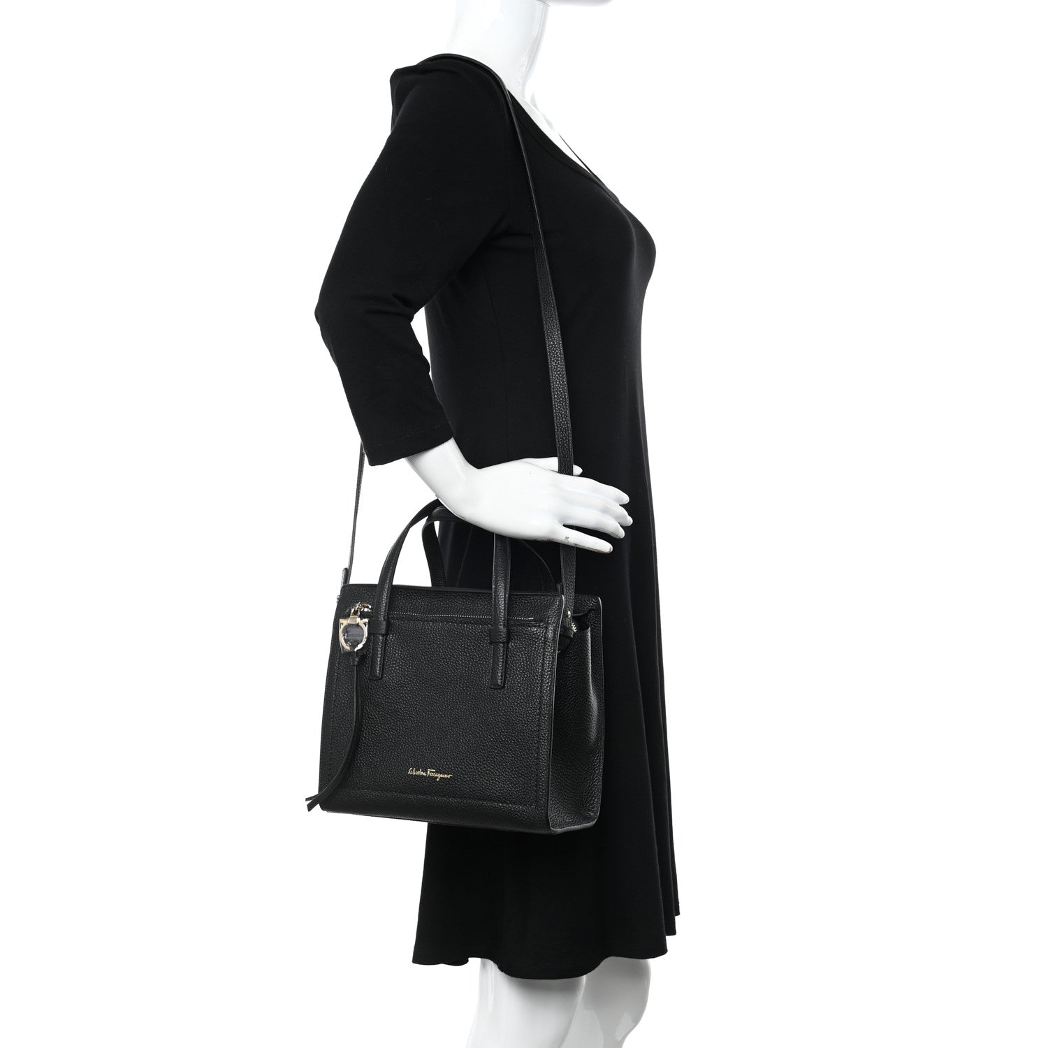 Salvatore Ferragamo Hammered Calfskin Double Handle Small Amy Tote Black 3 of 10