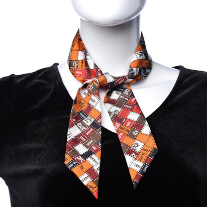 Hermes Silk Bolduc Au Carre Twilly Orange Brun Blanc 3 of 8