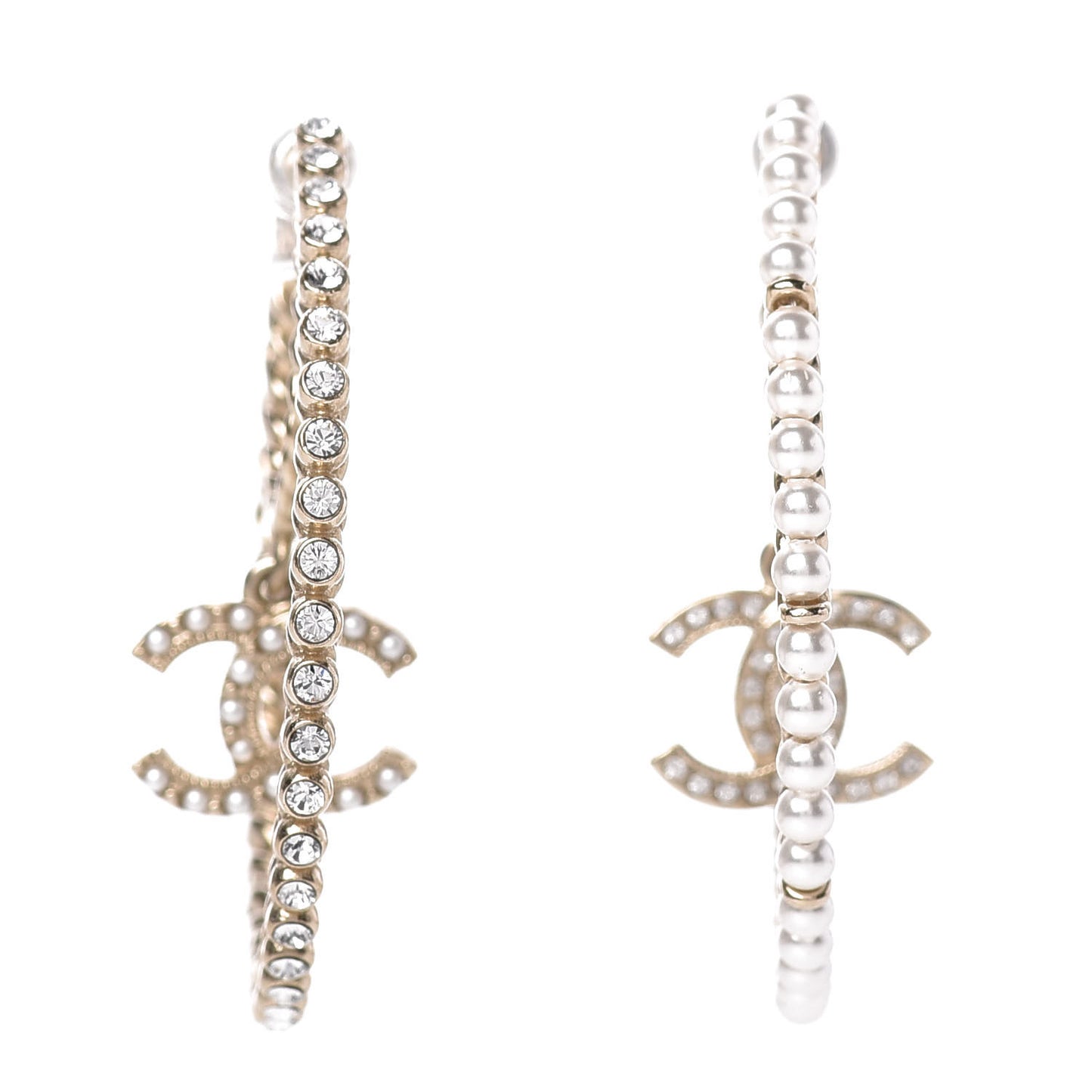 Crystal Pearl CC Drop Hoop Earrings Gold Pearly White