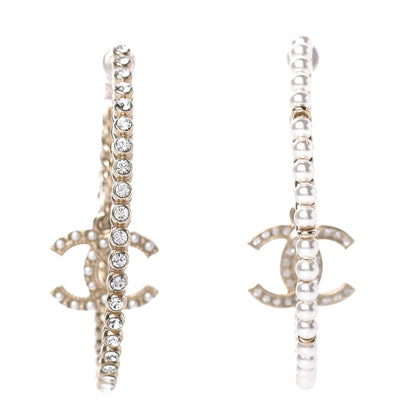 Chanel Crystal Pearl CC Drop Hoop Earrings Gold Pearly White 1 of 5