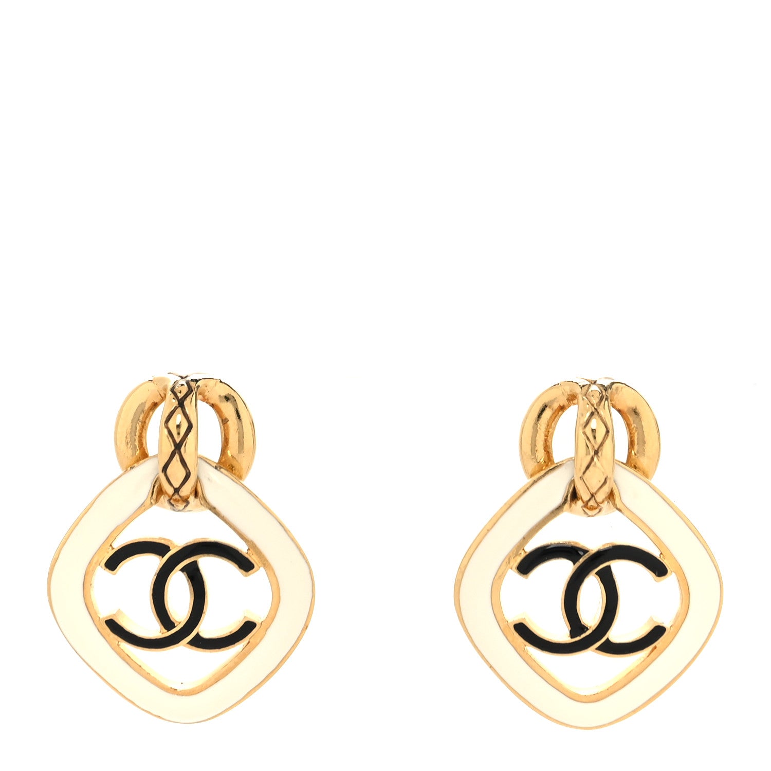Chanel Metal Resin CC Diamond Earrings Gold Black White 1 of 4
