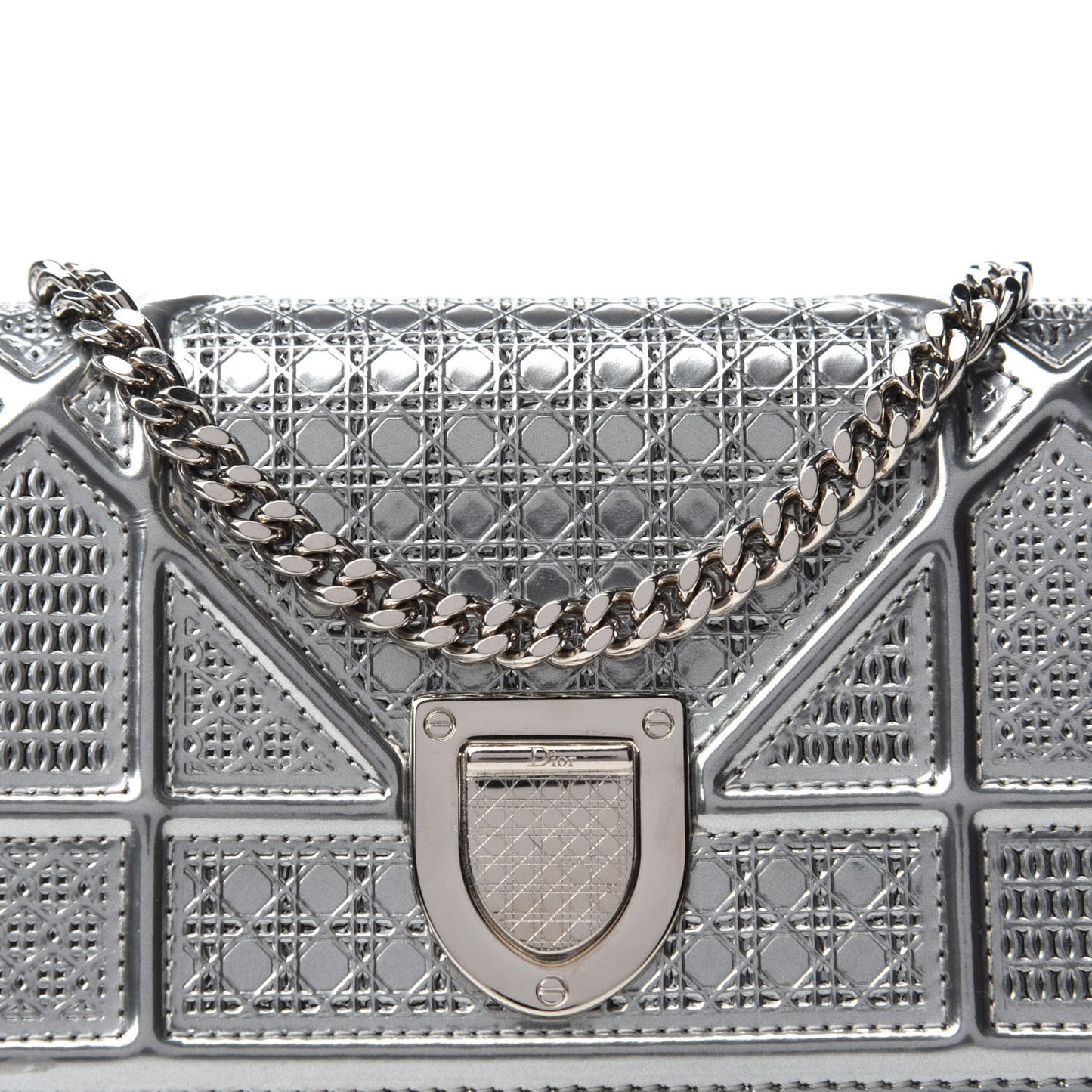 Metallic Patent Micro-Cannage Baby Diorama Flap Bag Silver