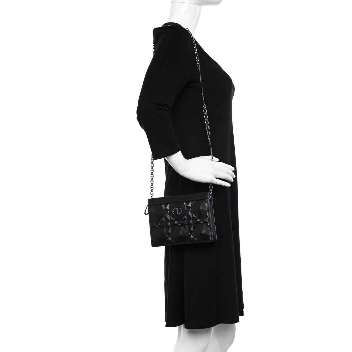 Calfskin Macrocannage Diamond Caro Zipped Pouch With Chain Black