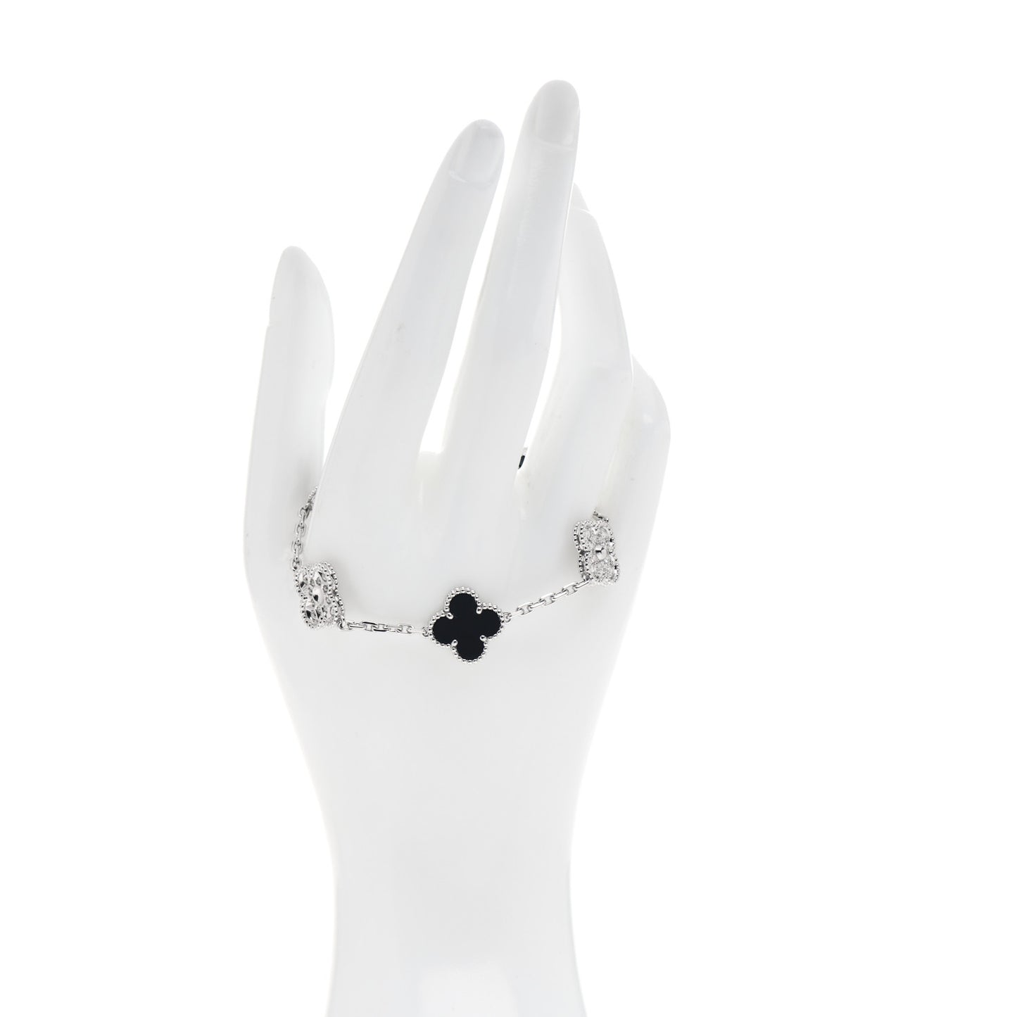 18K White Gold Diamond Black Onyx 5 Motifs Vintage Alhambra Bracelet