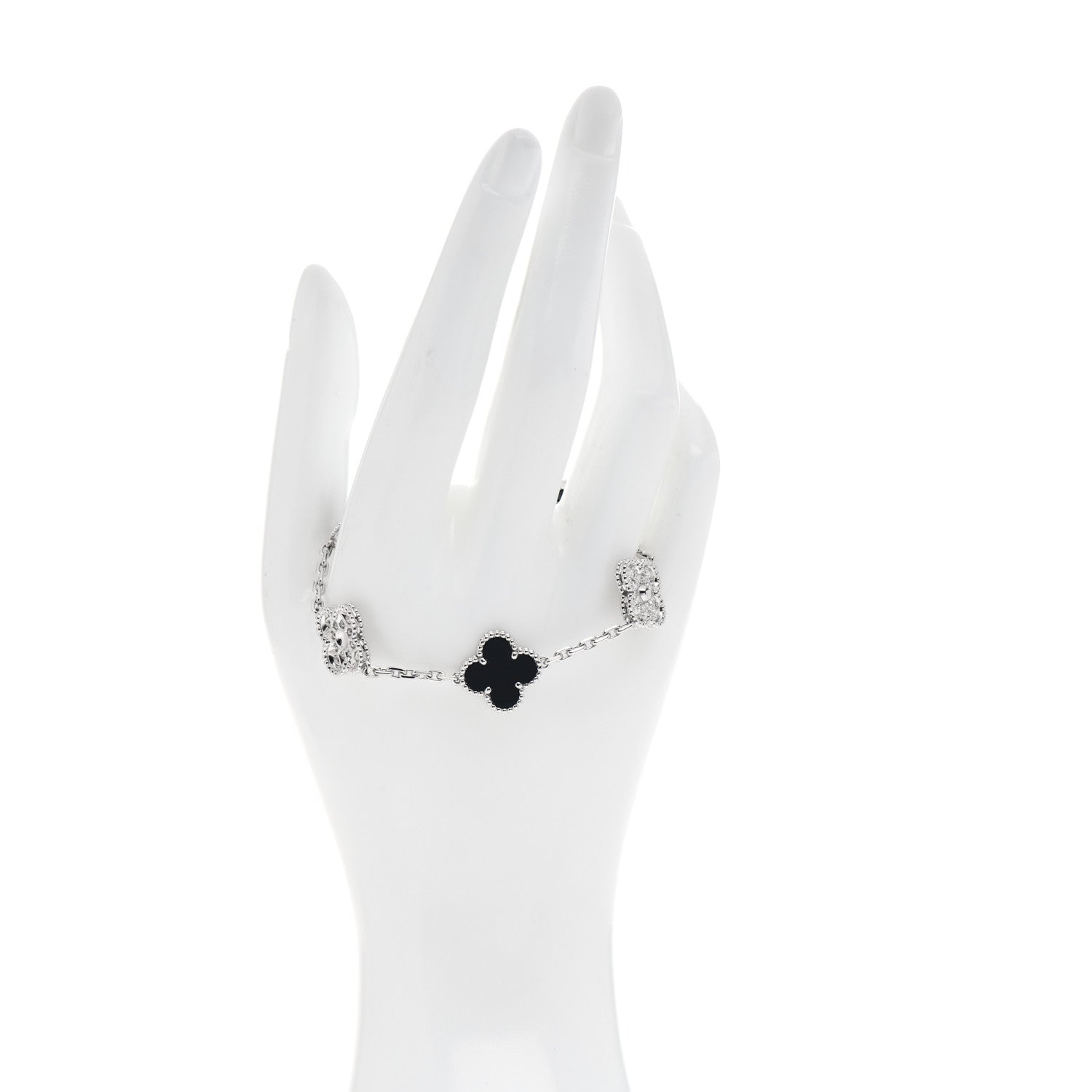 Van Cleef & Arpels 18K White Gold Diamond Black Onyx 5 Motifs Vintage Alhambra Bracelet 2 of 5