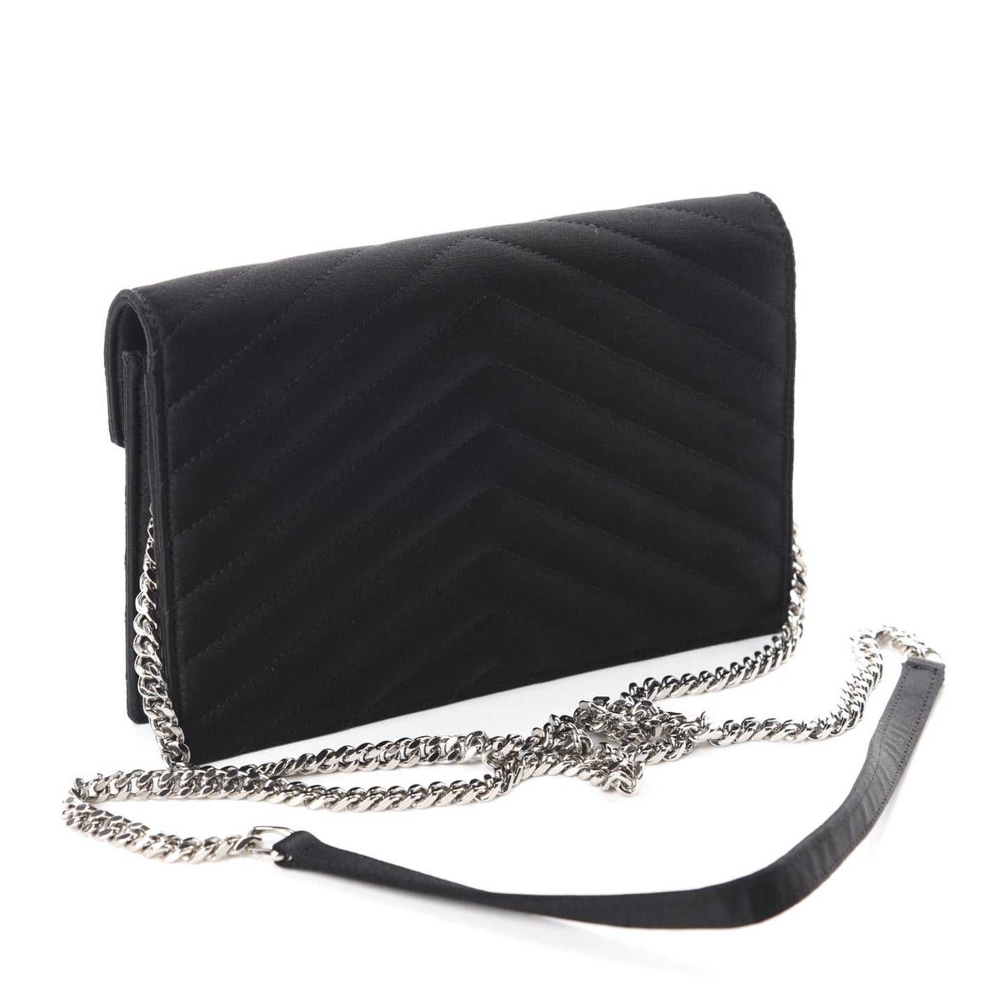 Satin Chevron Monogram Envelope Chain Wallet Black