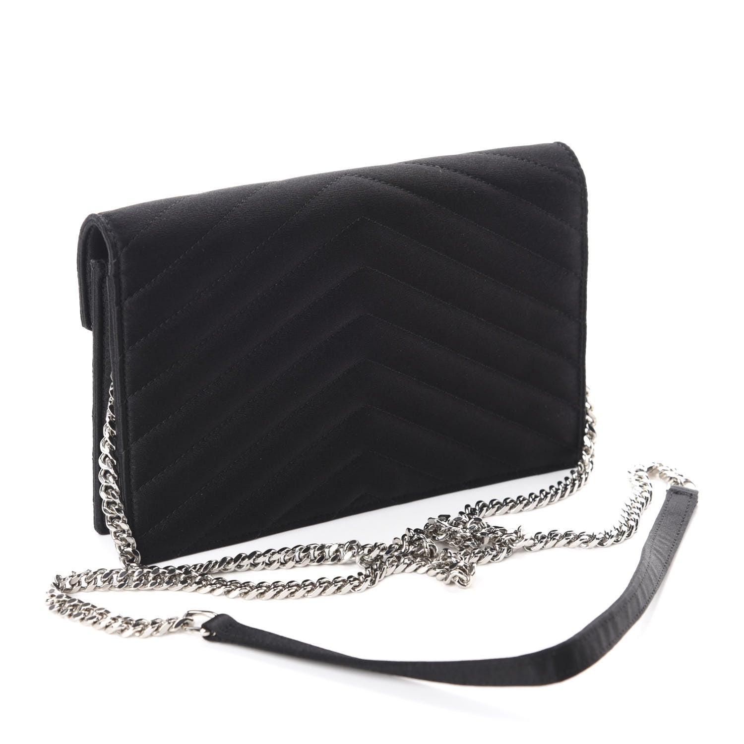 Saint Laurent Satin Chevron Monogram Envelope Chain Wallet Black 3 of 13