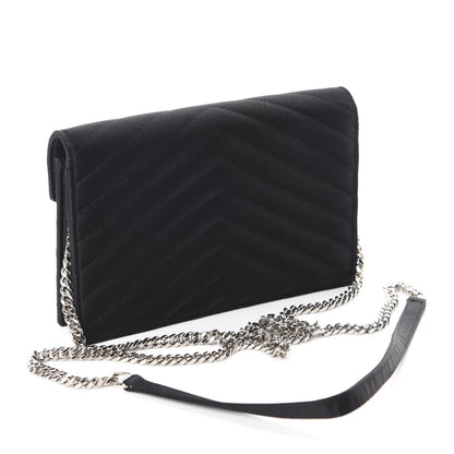 Saint Laurent Satin Chevron Monogram Envelope Chain Wallet Black 3 of 13