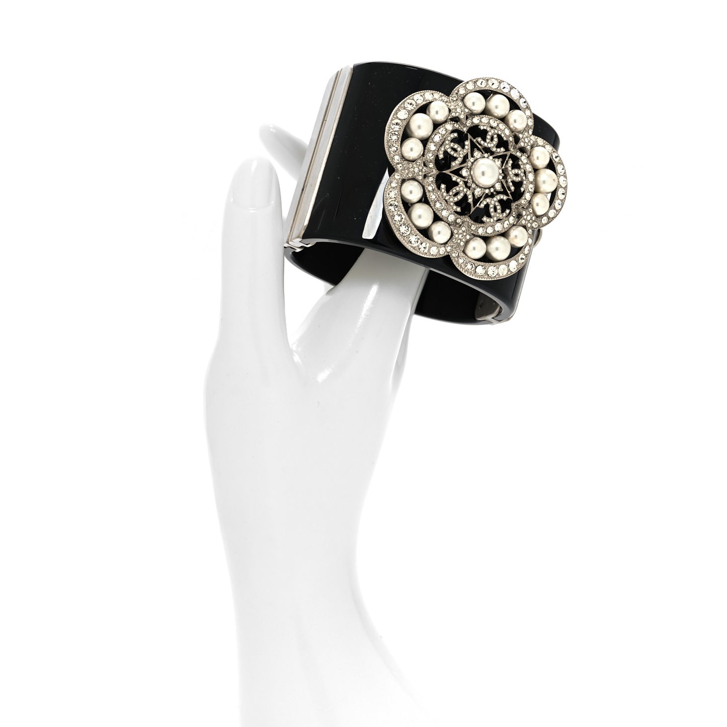 Resin Crystal Pearl Flower CC Cuff Black