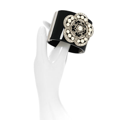 Chanel Resin Crystal Pearl Flower CC Cuff Black 2 of 6