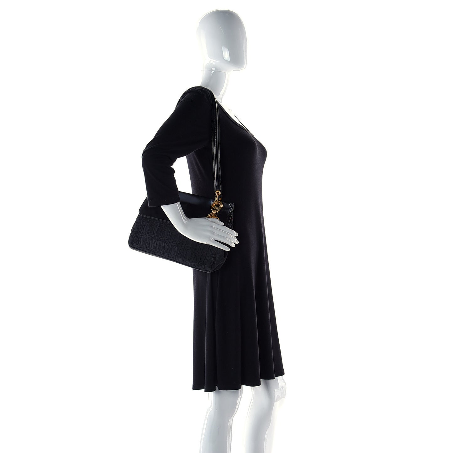Nylon Glazed Calfskin Cannage Shoulder Bag Black