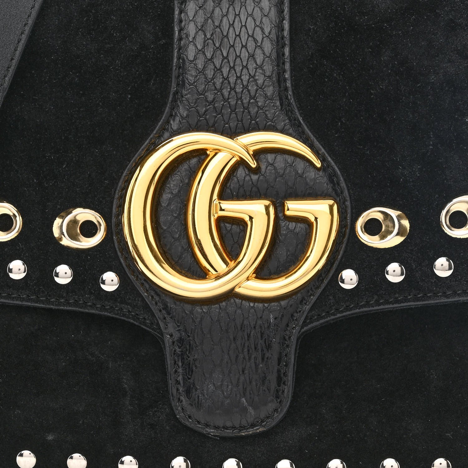 Gucci Suede Snakeskin Studded Medium Arli Flap Shoulder Bag Black 8 of 11