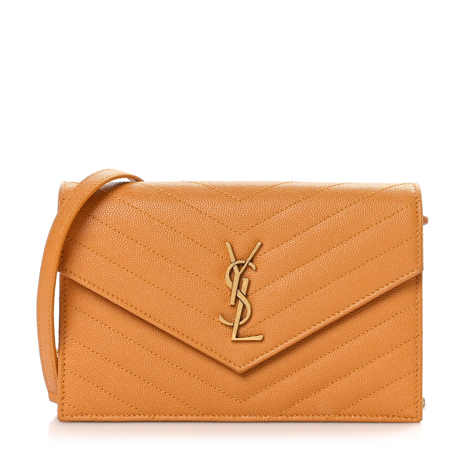 Front view of the Saint Laurent Grain De Poudre Matelasse Chevron Monogram Envelope Chain Wallet in Senape Yellow