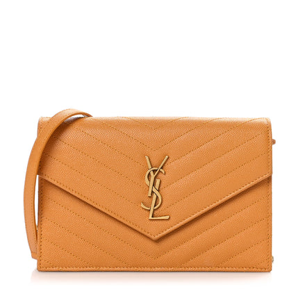 Saint Laurent Grain De Poudre Matelasse Chevron Monogram Envelope Chain Wallet Senape Yellow 1 of 9